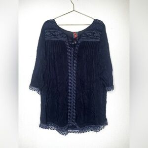 Johnny Was tunic blouse split neck dark navy blue lace embroidered boho Lace